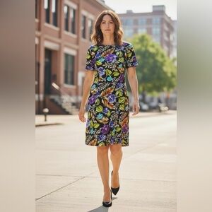 Vintage Maggy London Women’s Sz 8 Silk Floral Dress Short Sleeve MIDI Sheath Dre